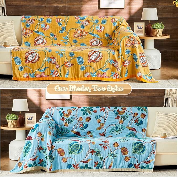Boho Blanket Soft Muslin Boho Throw Blanket 100% Cotton Blanket All Seasons Reversible Rustic Floral Printed Vintage Rustic Farmhouse Decor Throw for Sofa Couch Chair (Yellow, 80"x90")