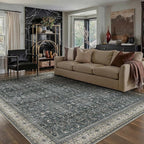 HUGEAR Area Rug 6x9 Vintage Black Machine Washable Living Room Rugs Distressed Retro Floral Vacuumable Low Pile Carpet Bedroom Office Dining Room Laundry Room Non Slip Soft Lightweight