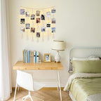 Mkono Macrame Hanging Photo Display Wall Decor with String Lights Boho Room Bedroom Wooden Beads Garland Picture Greeting Cards Holder with 45 Clips