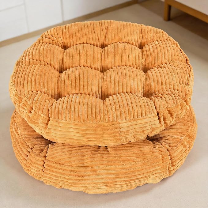 Large Floor Pillow for Adults, 22x22" Memory Foam Floor Cushion with Corduroy Cover, Round Floor Sitting Cushions for Meditation, Lounge,Seating for Yoga, Tatami Living Room (2, Round-Orange)