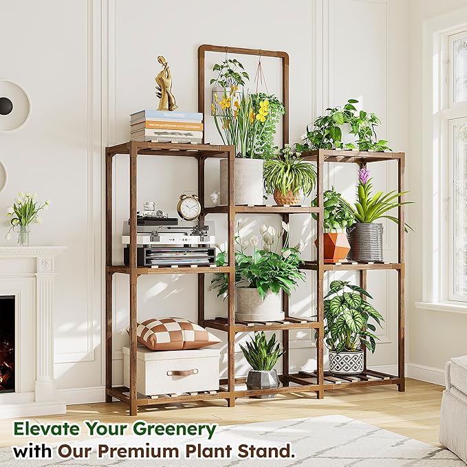 EnHomee Plant Stand, 8 Tiers Indoor Plant Stand for Multiple Plants Pot, Wood Plants Shelves for Living Room, Patio, Balcony, Yard, Garden, 34.3" W x 11.8" D x 47.2" H