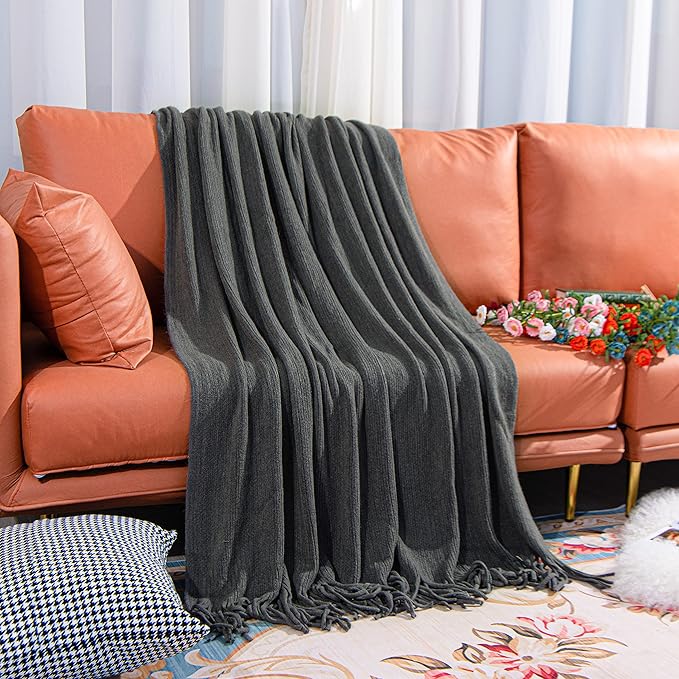 NTBAY Acrylic Knitted Throw Blanket, Lightweight and Soft Cozy Decorative Woven Blanket with Tassels for Travel, Couch, Bed, Sofa, 51x67 Inches, Grey Striped