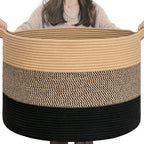 INDRESSME XXXLarge Cotton Rope Basket 21.7" x 21.7" x 13.8" Woven Baby laundry Blanket Basket for Living Room Decor, Toy Storage Baskets for Kids Boys Girls, Camel Mix & Black
