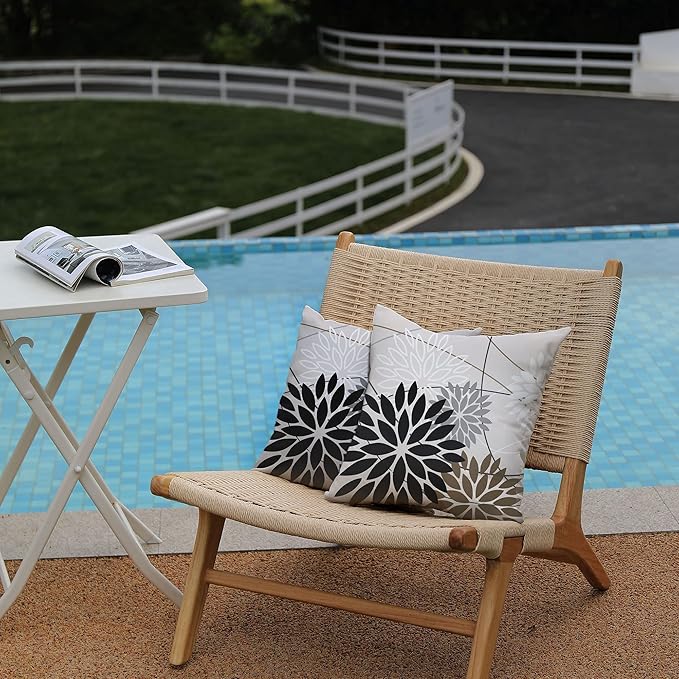 DFXSZ Black Brown Outdoor Pillow Covers 18x18 Inch Set of 2 White Gray Flower Throw Pillows Farmhouse Outdoor Modern Floral Polyester Square Cushion Case Decor for Sofa Patio Funiture Garden 01A18