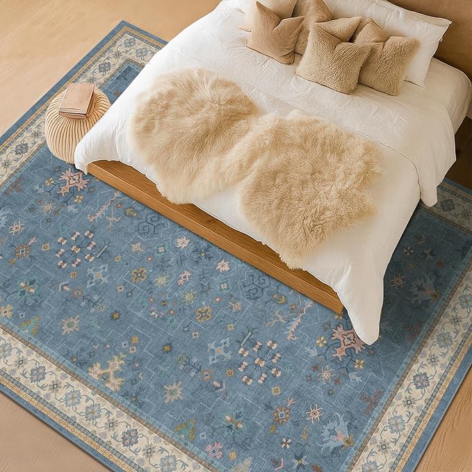 Blue Big Rugs for Living Room - Dusty Blue 10x14 Area Rug for Large Bedroom, Dining Room, Washable Lightweight Low Pile Foldable Eclectic Modern Floral Home Décor