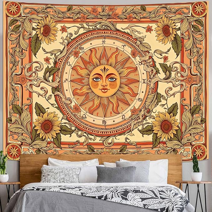 Accnicc Yellow Sun Tapestry Boho Floral Sunflower Plant Wall Tapestry for Bedroom Aesthetic Vintage Flower Celestial Large Tapestries Wall Hanging for Dorm Living Room Decor 80 x 60 Inch