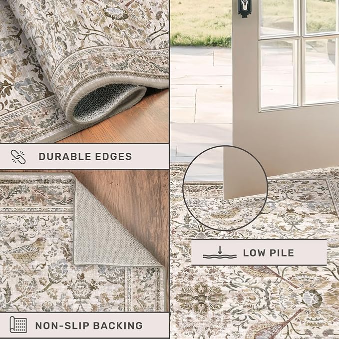 Boho Moss 2x4 Small Rugs for Entryway, Vintage Washable Low Pile & Soft Throw Rugs for Kitchen, Bathroom - Classic Home Décor, Bird & Botanical Design Stain Resitant Non Slip Carpet