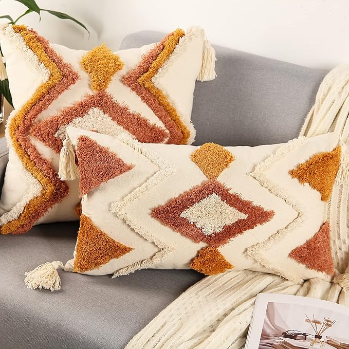 Merrycolor Boho Lumbar Throw Pillow Cover 12x20 inch,Bohemian Tufted Decorative Pillow Covers with Tassels for Couch Sofa Bedroom Living Room