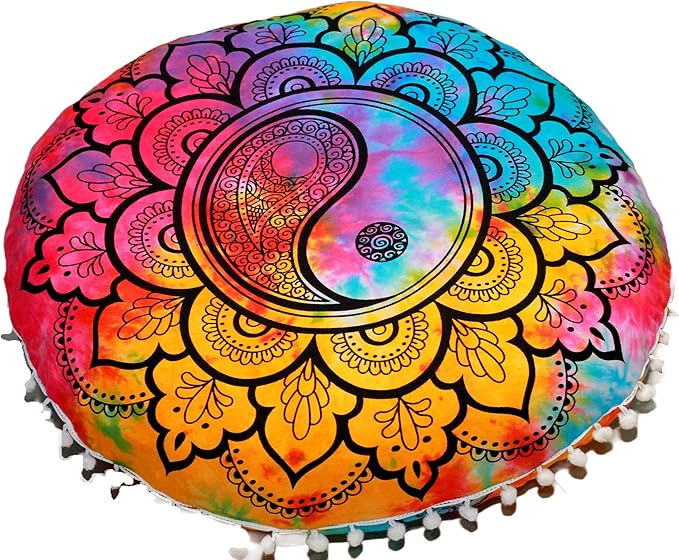 Round Mandala Floor Pillow Cover Seating Cushion Throw Cover Ottoman Pouf Cover Pom Pom Pillow Cases Hippie Decorative Bohemian Boho Indian 22 Inches (Multi Color)