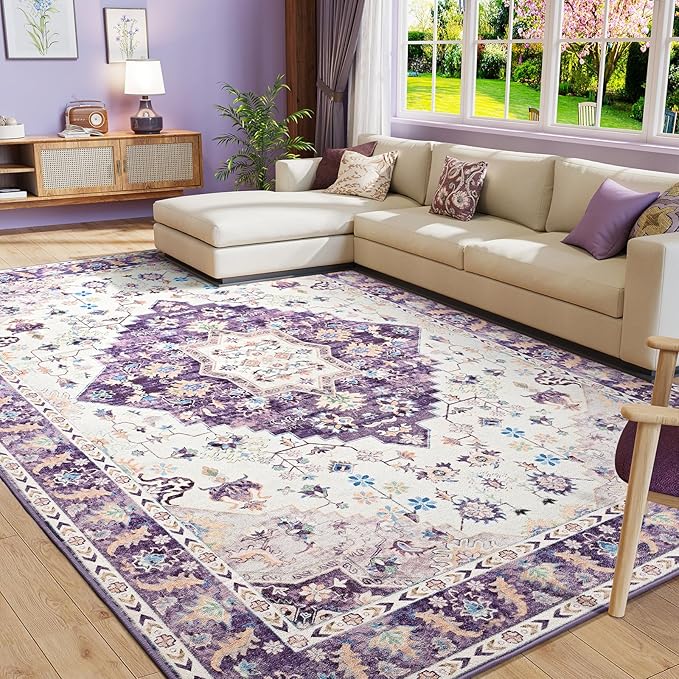 Amearea Vintage Design Area Rugs for Living Room, 8x10 Machine Washable Floral Collection Traditional Bedroom Rug, Low Pile Cute Kids Room Print Carpet, No Slip Office Kitchen Home Decor, Purple