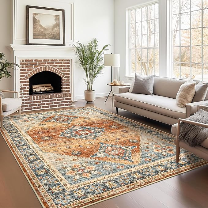 Area Rugs 5x7, Low Pile Non-Slip Backing Rugs, Super-Soft Home Decor Washable Rugs 5x7 Under Table, Foldable Floral Vintage Area Rug for Living Room (Navy/Orange, 5'x7')