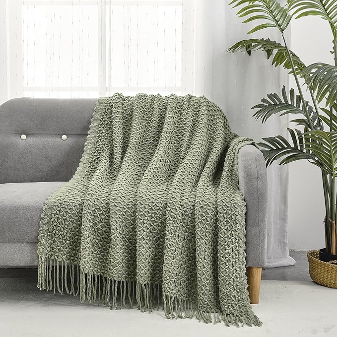 CREVENT Farmhouse Boho Knitted Throw Blanket for Couch Sofa Chair Bed Home Decoration, Soft Warm Cozy Light Weight for Spring Summer Fall (50''X60'' Sage Green)