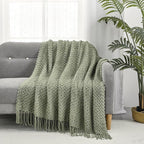 CREVENT Farmhouse Boho Knitted Throw Blanket for Couch Sofa Chair Bed Home Decoration, Soft Warm Cozy Light Weight for Spring Summer Fall (50''X60'' Sage Green)