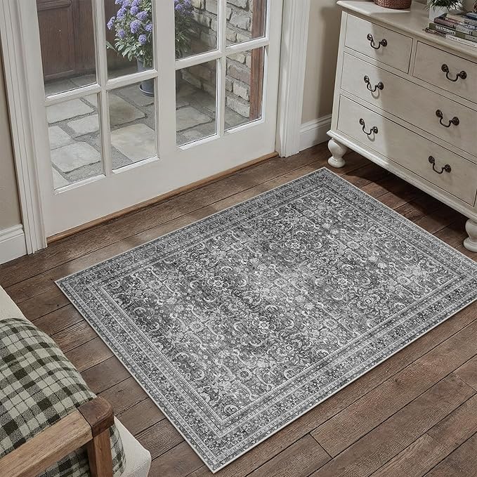 HUGEAR 2x3 Entryway Area Rug Vintage Grey Small Rug Machine Washable Door Mat Retro Floral Low Pile Carpet Vacuumable Distressed Throw Rug Entrance Kitchen Bathroom Bedroom Non Slip Lightweight