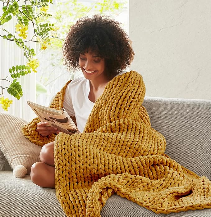 Madison Park Boho Throw Blanket, Soft Blanket Handmade Gift Home Decor, Lightweight & Breathable All Seasons Spring Chunky Knit Blanket, Knitted Throw for Couch, Bed Blanket, 50"x60" Yellow
