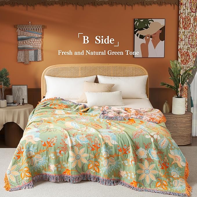 Boho Throw Blanket Throw Size, Soft Cozy Cotton Muslin Quilt Blanket for Bed Decor, Bird Patterned Couch Sofa Chair Cover, Vintage Farmhouse Cottage Tapestry Woven Blanket, Coral&Green
