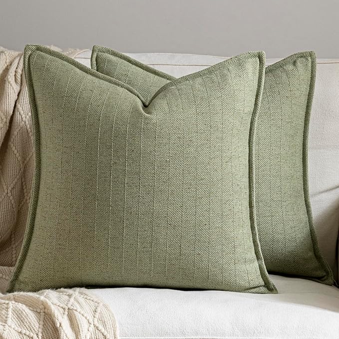 20x20 Linen Pillow Covers Sage Green Pack of 2 Farmhouse Boho Neutral Accents Striped Textured Square Decorative Throw Pillow Cases for Living Room Couch Bed Home Decor
