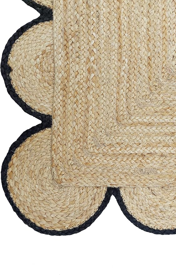 Scalloped Natural Jute Area Rug, Black Trim, 2'x8'