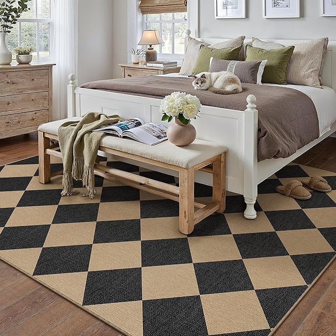 9x12 Checkered Easy Jute Area Rug for Living Room Large Checkerboard Washable Indoor Outdoor Carpet Farmhouse Patio Office Mat Geometric Non Slip Black Carpet for Backyard Dining Room