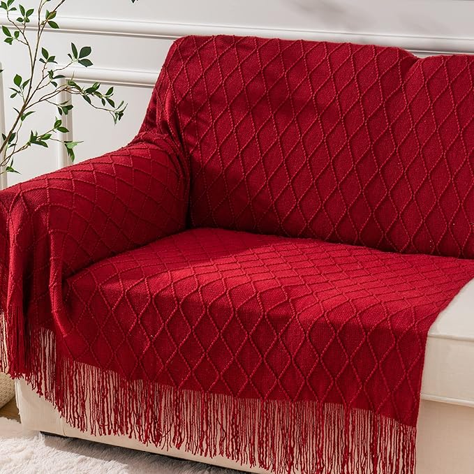 BATTILO HOME Christmas Decor Red Throw Blanket for Couch, Boho Bed Throws for Foot of Bed, Decorative Red Throws for Sofa Living Room, 50"x60"