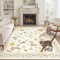 Cat 6x9 Area Rugs for Living Room, Machine Washable Animal Floral Vintage Rug Non-Slip Low Pile Soft Throw Rugs for Bedroom Dining Room Kitchen Nursery Playroom (6 x 9,Beige)