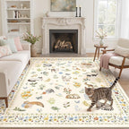 Cat 6x9 Area Rugs for Living Room, Machine Washable Animal Floral Vintage Rug Non-Slip Low Pile Soft Throw Rugs for Bedroom Dining Room Kitchen Nursery Playroom (6 x 9,Beige)