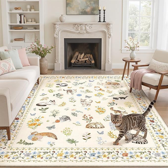 Cat 6x9 Area Rugs for Living Room, Machine Washable Animal Floral Vintage Rug Non-Slip Low Pile Soft Throw Rugs for Bedroom Dining Room Kitchen Nursery Playroom (6 x 9,Beige)