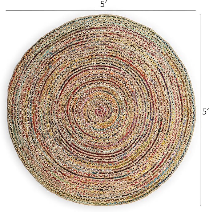 · REDEARTH · Jute Cotton Chindi Area Rug - 5' Round Rug, Handwoven, Non-Shedding, Soft & Durable – Multi Tones for Home Décor in Living Room, Dining Room, Bedroom