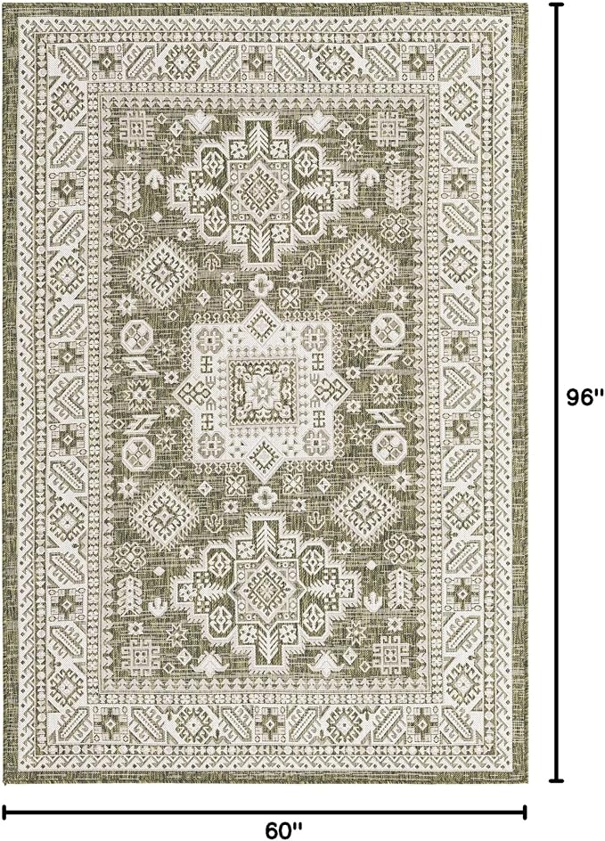 Rugs.com Outdoor Aztec Collection Rug – 5' x 8' Green Flatweave Rug Perfect for Living Rooms, Large Dining Rooms, Open Floorplans