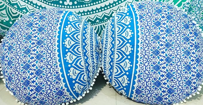 INDIAN CRAFT CASTLE 24" Mandala Barmeri Large Floor Pillow Cover Cushion Meditation Seating Ottoman Throw Cover Hippie Decorative Zipped Bohemian Pouf Ottoman Poufs, Pom Pom Pillow Cases