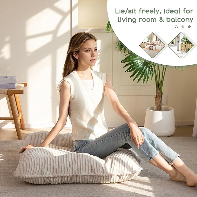 35" Washable Floor Pillow Cushion for Adults, Meditation Cushion Pillow, Extra Large Square Floor Sitting, Removable Tufted Corduroy Cover, for Tatami Living Room or Yoga, Beige, Machine Washable