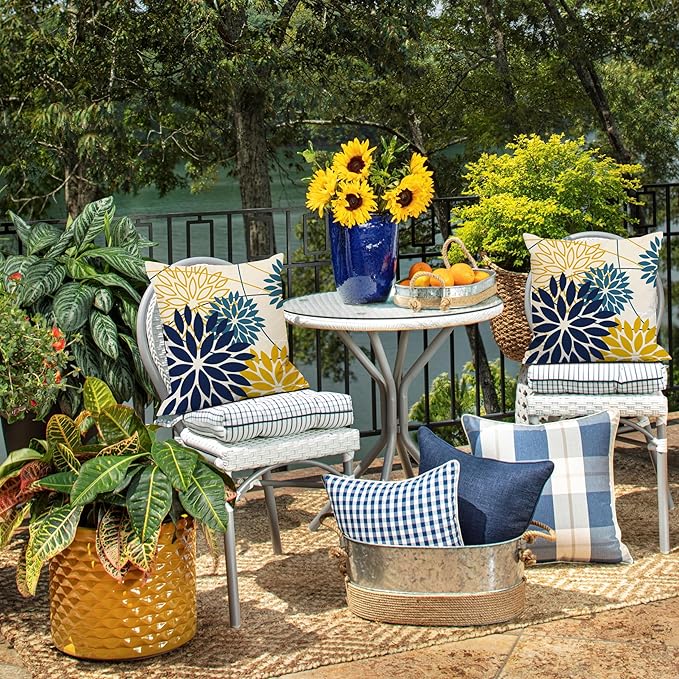 DFXSZ Blue Yellow Flower Pillow Covers 18x18 Inch Set of 2 Outdoor Throw Pillows Outdoor Waterproof Decor for Living Room Sofa Patio Funiture Garden Floral Polyester Pillow Covers 01P18