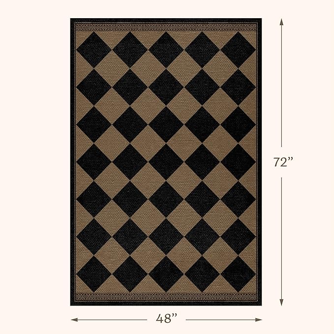 Black & Brown Checkered Easy Jute Outdoor Rug 4x6 for Porch Patio, Washable Non-Slip Diamond Checkerboard Entryway Office and Backyard Boho Border Rug, Farmhouse Low Pile Indoor Carpet for Living Room