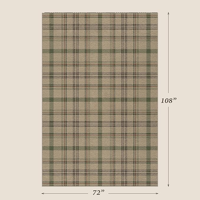 JTJ Easy Jute Green Plaid Rug 6x9 for Living Room, Washable Modern Farmhouse Area Rugs for Bedroom Aesthetic, Dining Room, Patio, Sage Tan Woven Tartan Design, Non Skid, Easy Clean Viral Jute No Shed