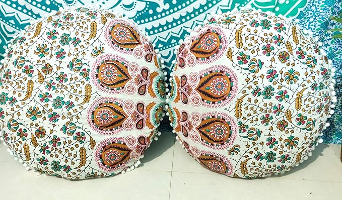 CRAFT KALA Mandala Floor Pillow Cushion Cover Seating Throw Cover Hippie Decorative Bohemian Ottoman Poufs Pom Pillow Cases Boho Indian Cotton Living Room Home Décor 24" Round Set of 2 Mustard Mirchi