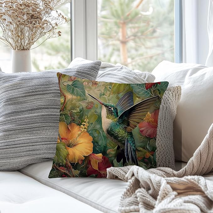 Vintage William Morris Green Hummingbird Pillow Cover 18x18 Double-Sided,Rustic Green Hummingbird Bird Animal Floral Botanical Print Decorative Throw Pillow Covers for Home Bedroom Living Room
