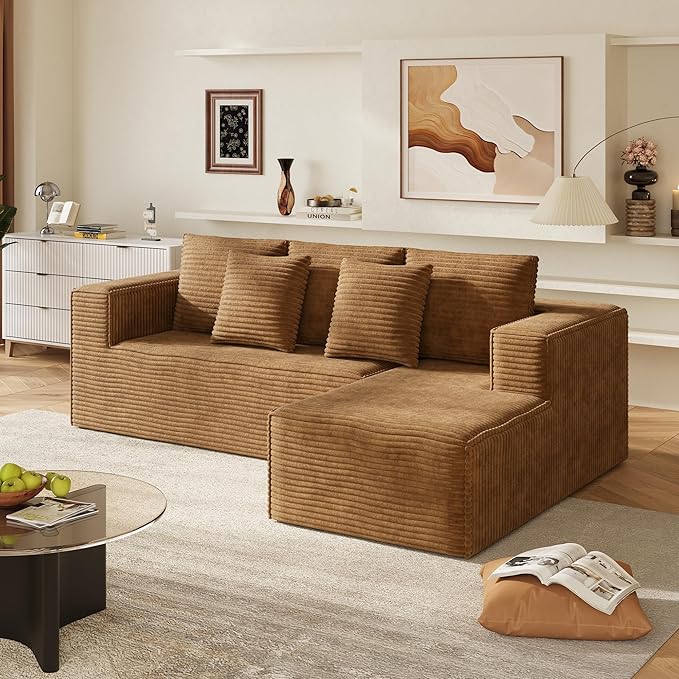 WLIVE 108'' Cloud Sectional Couches for Living Room, Modular Boneless Couch with Left Facing Chaise, L Shape Memory Foam Corduroy, with Cushion, Brown
