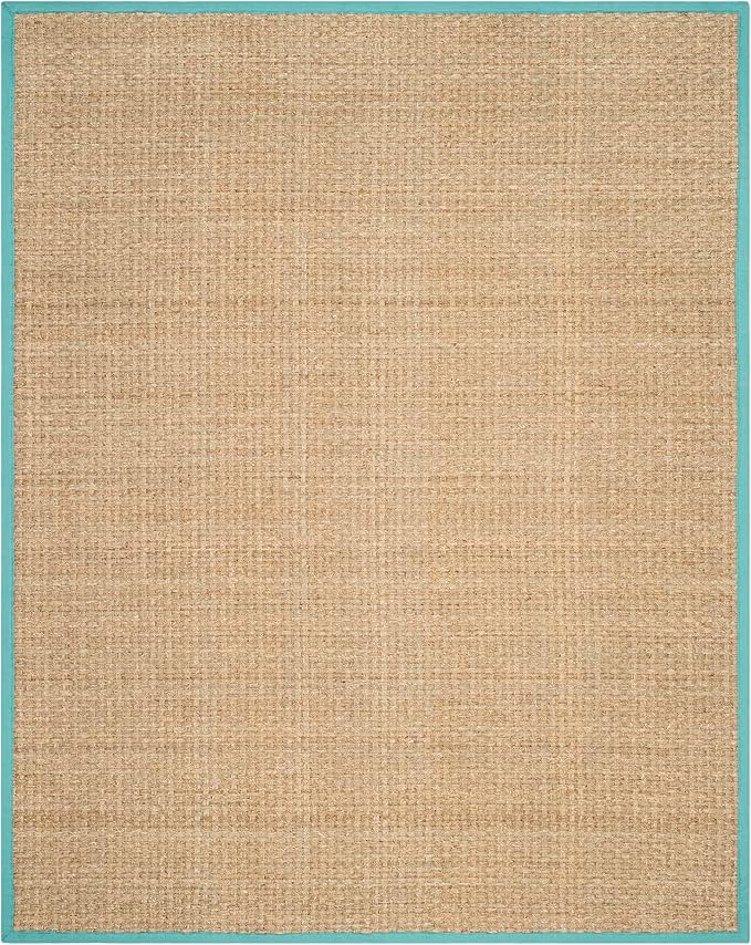 SAFAVIEH Area Rug 8x10 - Natural Fiber Collection - Large - Natural & Teal, Seagrass, Basketweave Pattern (NF114R)