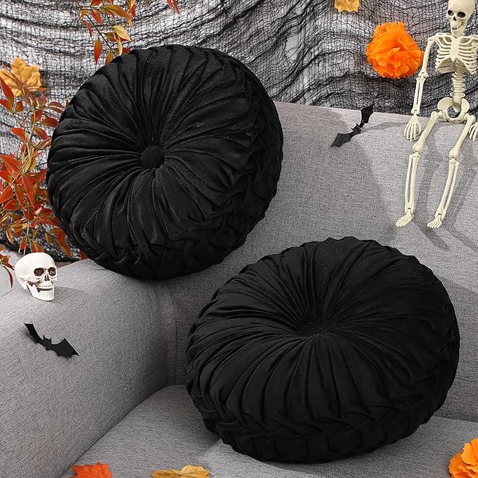 2 Pcs Round Throw Pillows 15 Inch Decorative Velvet Pleated Pumpkin Pillows Boho Floor Pillow with Center Button for Living Room Couch Chair Bed Sofa Home Decoration (Black)