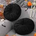 2 Pcs Round Throw Pillows 15 Inch Decorative Velvet Pleated Pumpkin Pillows Boho Floor Pillow with Center Button for Living Room Couch Chair Bed Sofa Home Decoration (Black)