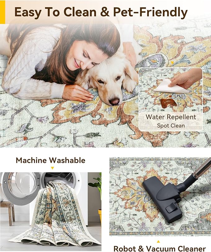 Area Rugs 6'x9' Washable Non-Slip, Floral Vintage Distress Print Pattern Medallion Carpet for Living Room Bedroom Dining Room, Light Yellow Carbon Grey Orange