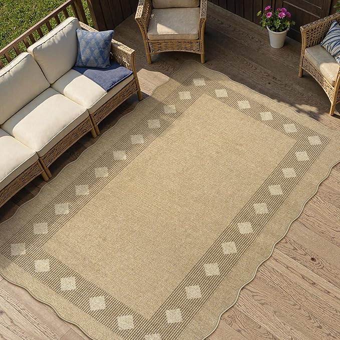 LIVEBOX Scalloped Easy Jute Diamond 3x5 Outdoor Rug, Washable Non-Slip Tan Rugs for Entryway, Geometric Checkered Indoor Outdoor Rug Farmhouse Carpet Door Mat for Patio Porch Bedroom Living Room