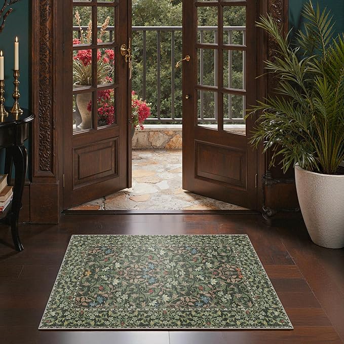 GENIMO Washable Small Rug 2x3, Non-Slip Entryway Mat for Front Door, Kitchen, Bathroom, Laundry, Vintage Boho Floral Thin Carpet Indoor Décor, Emerald Green