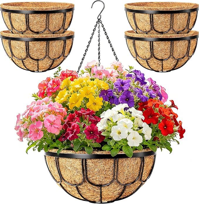 4 Pack 12 Inch Hanging Planters for Outdoor Plants, Black Metal Wire Hanging Flower Baskets with Coco Coir Liner, Large Hanging Plant Pots for Garden, Patio, Balcony, Indoor Home Decor