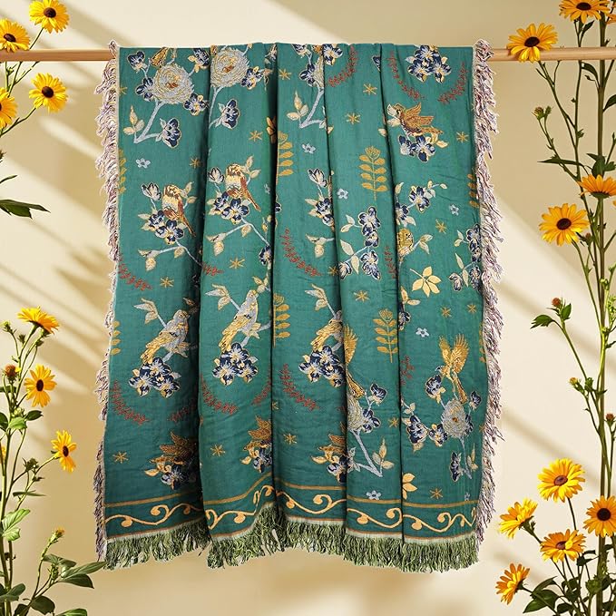 Boho 100% Cotton Large Throw Blanket - All Season Rustic Ultra Soft Breathable Floral Bird King Blanket for Bed Sofa Couch Chair Bedspread Quilt Gift, 91" x 98"-Teal/Beige