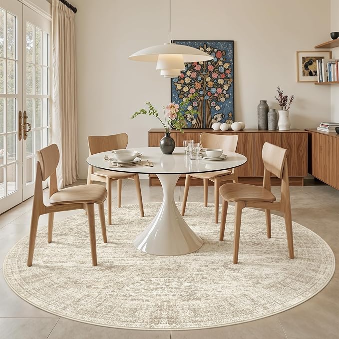 9x9 Beige Round Rug 9ft Living Room Circle Rug Vintage Round Area Rug Non Slip Indoor Carpet for Apartment