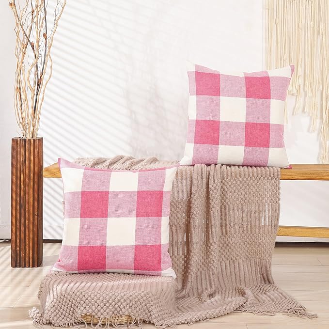 CARRIE HOME Pink Buffalo Plaid Couch Pillow Covers 18x18 Set of 2 Outdoor Hot Pink Decorative Farmhouse Checkered Linen Throw Pillow Covers 18 x 18 for Bed Room Couch Patio and Yard