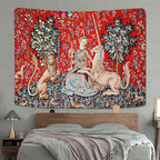 FEASRT Medieval Maiden and Unicorn Tapestry European Royal Tapestry Lion Tapestry, 60x40 Inches Soft Flannelette, Lady and Unicorn for Living Room Bedroom Dorm