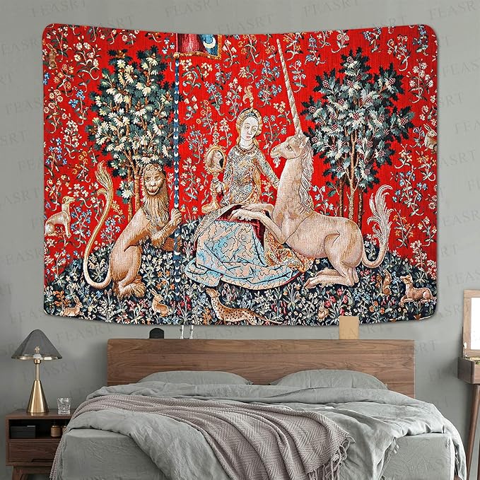 FEASRT Medieval Maiden and Unicorn Tapestry European Royal Tapestry Lion Tapestry, 60x40 Inches Soft Flannelette, Lady and Unicorn for Living Room Bedroom Dorm