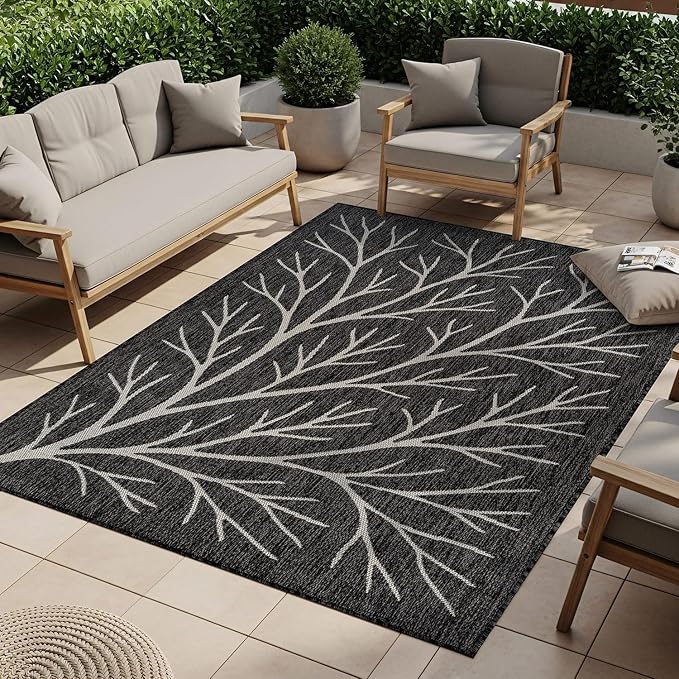 Washable Indoor Outdoor Rug 8x10 Modern Area Rugs Branch Pattern Non Shedding Waterproof Easy Clean Patio Deck Porch Living Room Bedroom Garden RV (8 X 10 Dark Gray)